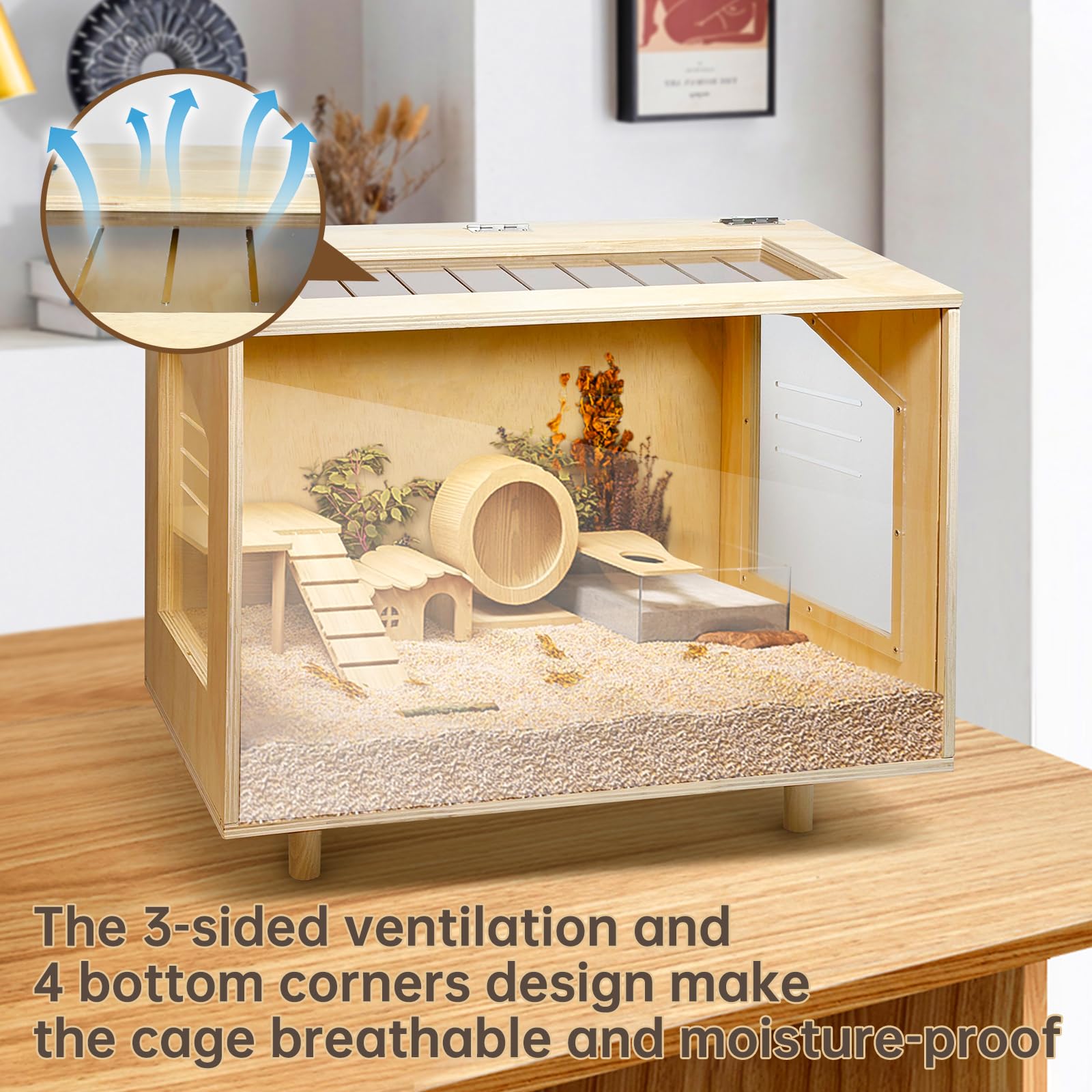 PEJOYT wooden hamster cage acrylic perimeter for clear visibility during playtime.