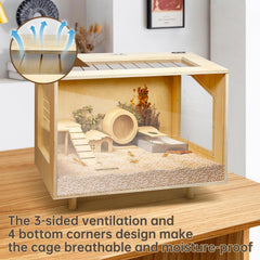 PEJOYT wooden hamster cage acrylic perimeter for clear visibility during playtime.