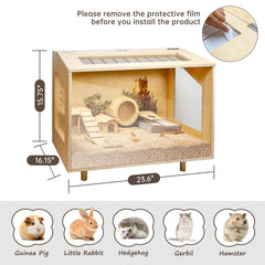 PEJOYT wooden hamster cage open top design for ventilation and easy access.