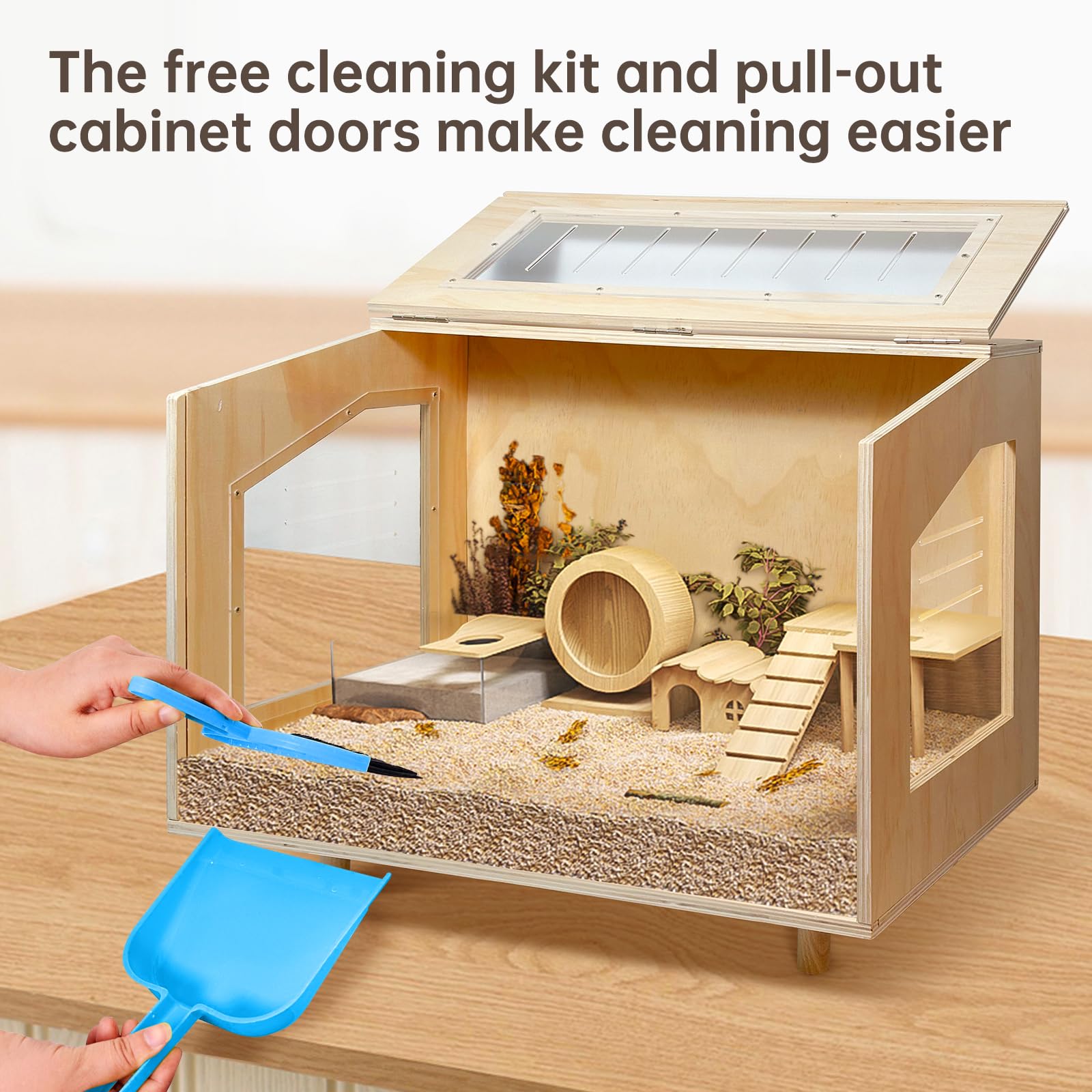 PEJOYT wooden hamster cage pull-out front panel simplifies daily cleaning.