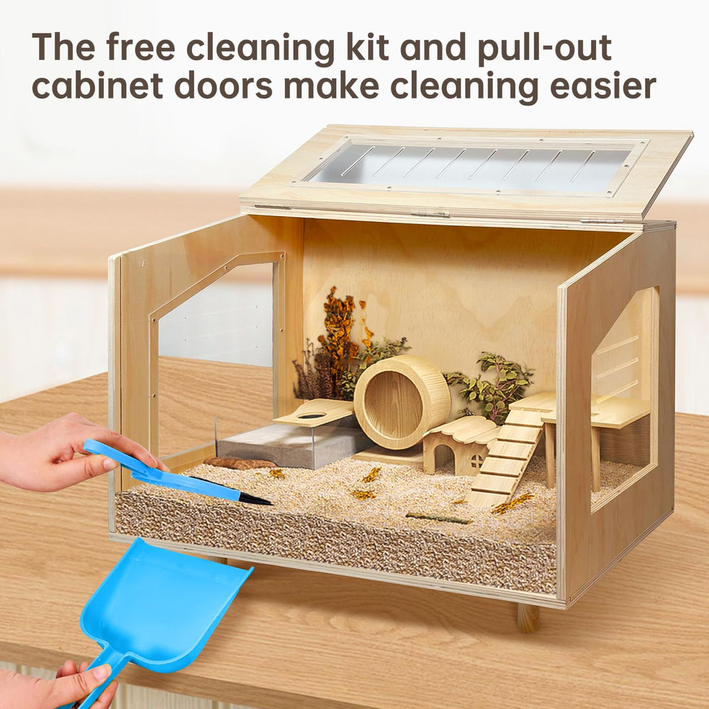 PEJOYT wooden hamster cage pull-out front panel simplifies daily cleaning.