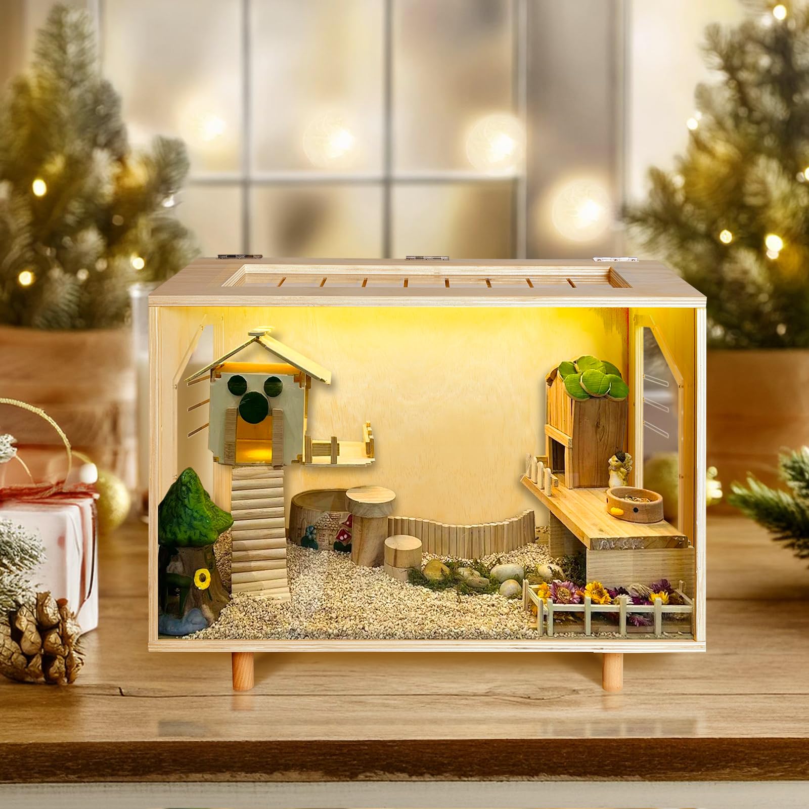 PEJOYT wooden hamster cage extra viewing window enhances observation angles.