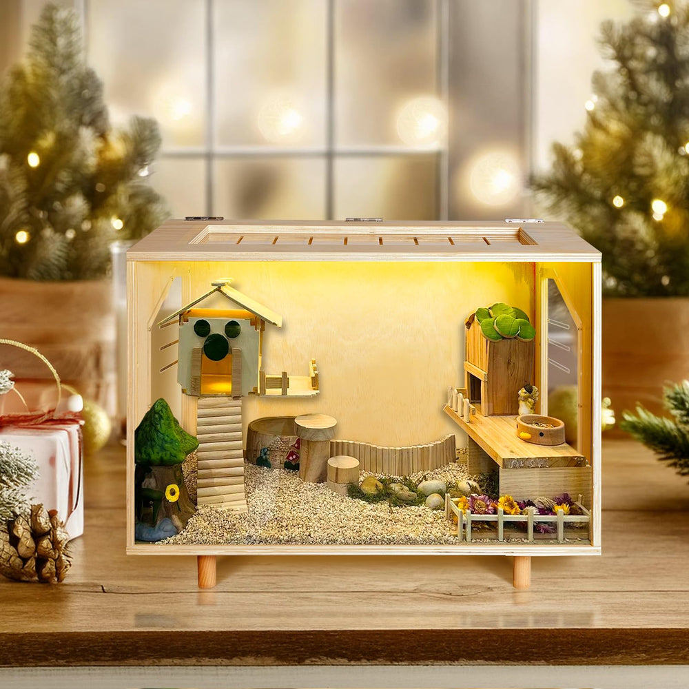 PEJOYT wooden hamster cage extra viewing window enhances observation angles.