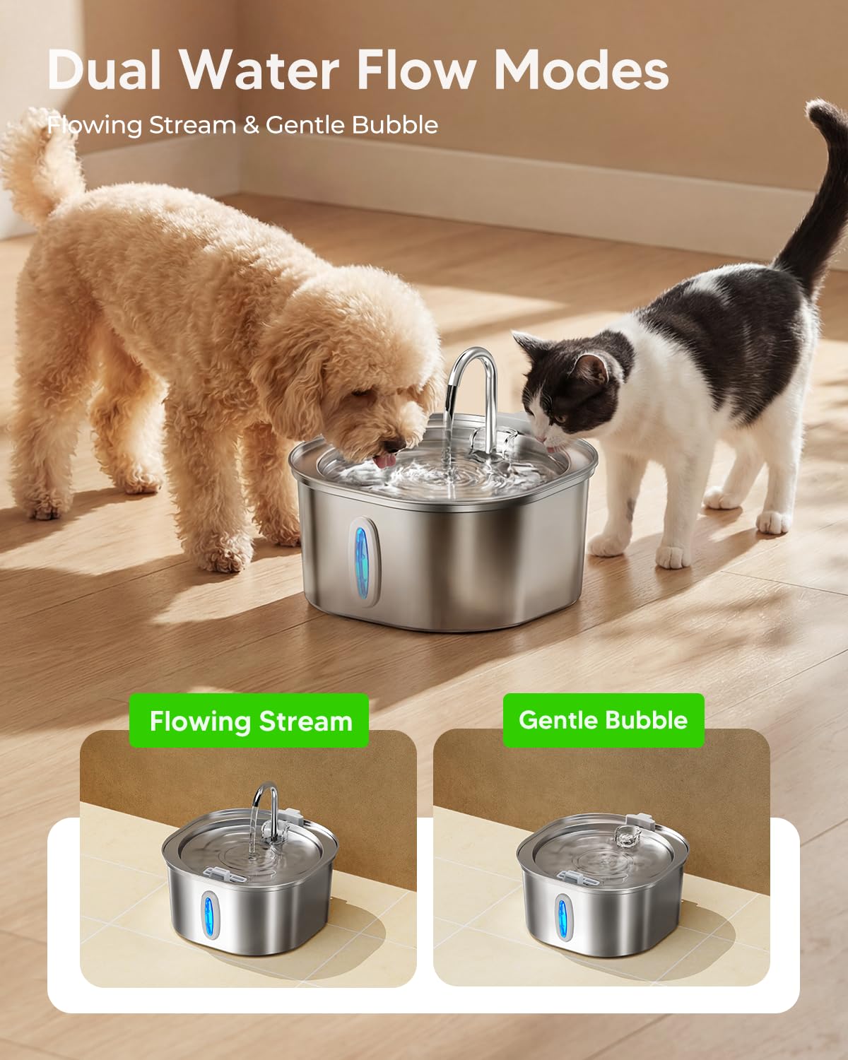 PEKTACO dishwasher-safe stainless steel fountain for easy cleaning.