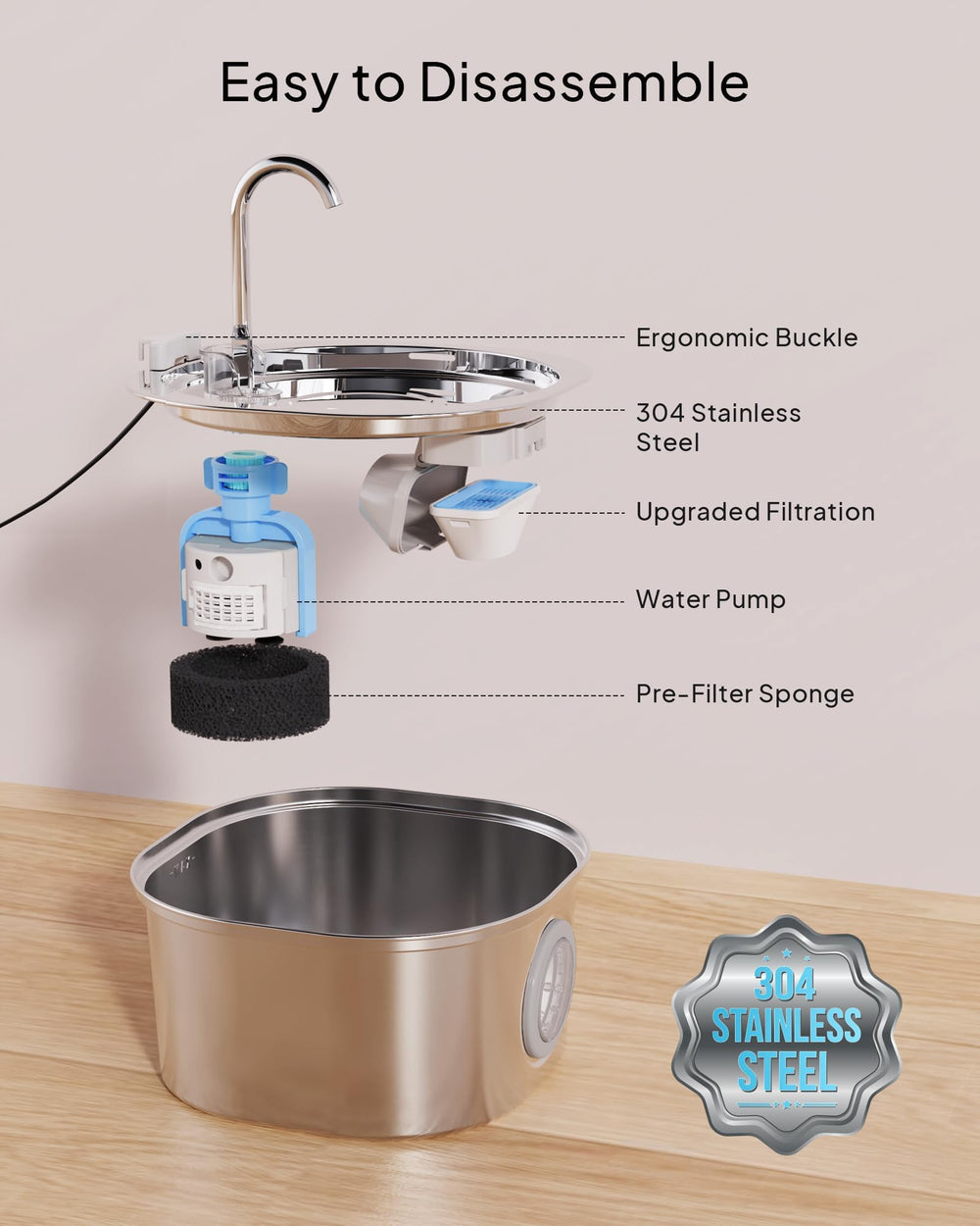 PEKTACO stainless-steel cat water fountain filter system reduces debris and odors for fresher water.