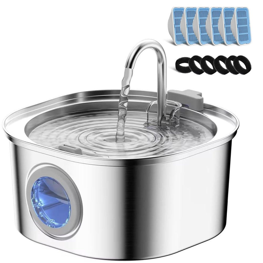 PEKTACO stainless-steel cat water fountain front view shows durable, rust-resistant design for daily use.