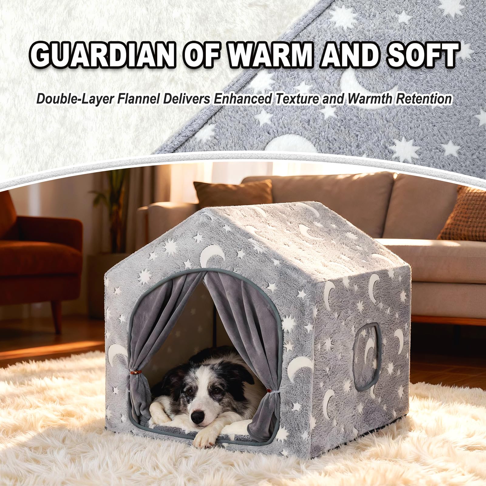 Pelemee night-luminous stars dog tent; soft glow for calming bedtime ambience.