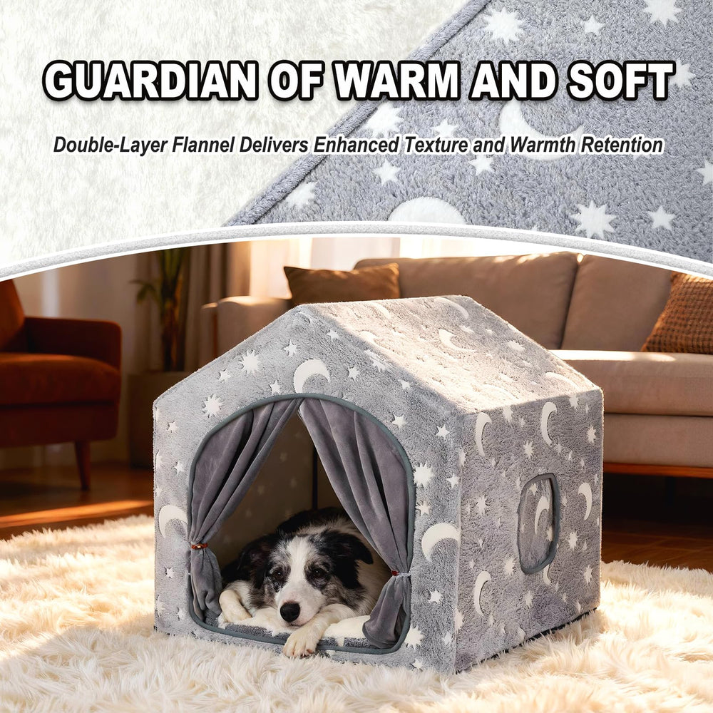 Pelemee night-luminous stars dog tent; soft glow for calming bedtime ambience.