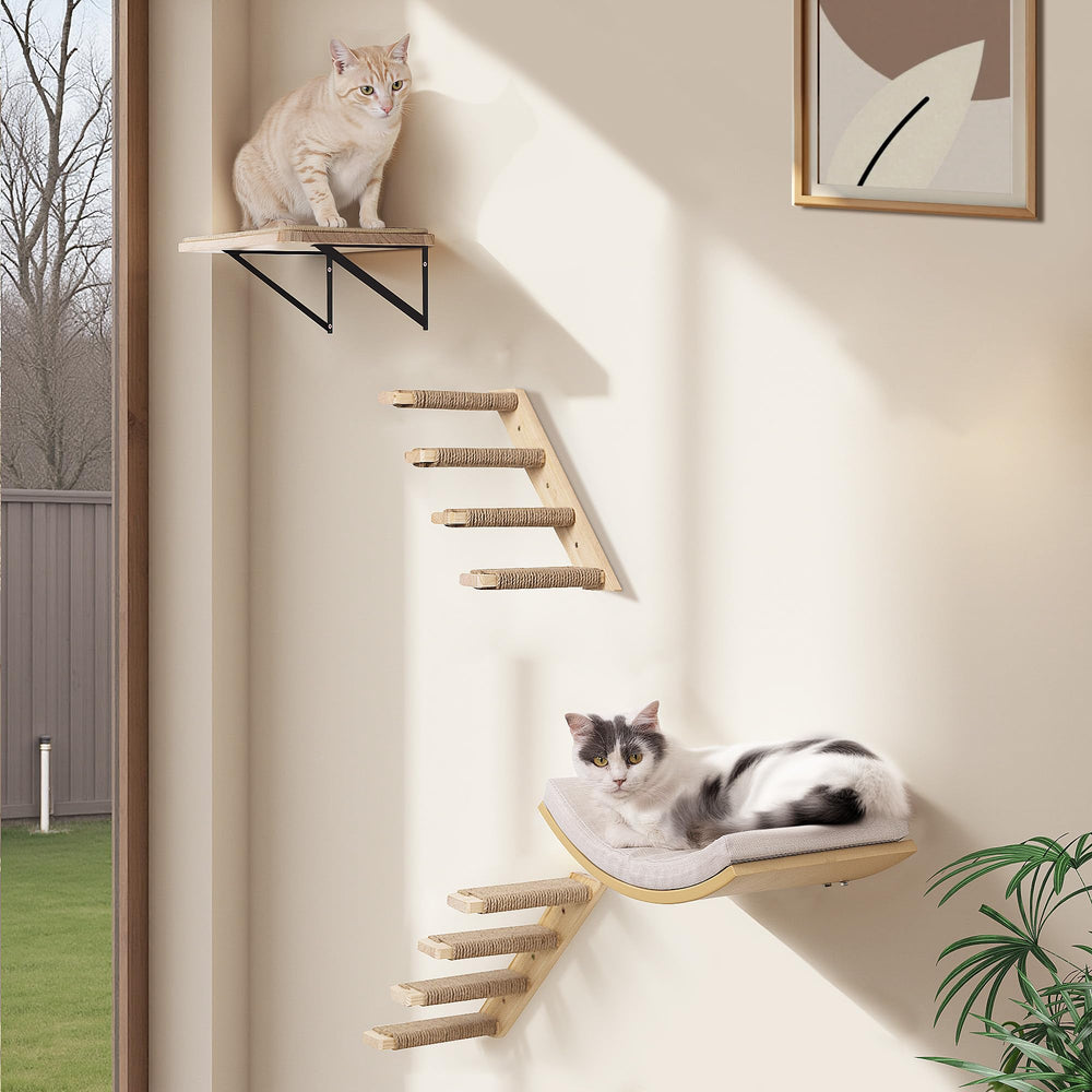 PELUMOZ cat climbing and resting on shelves showing versatility.