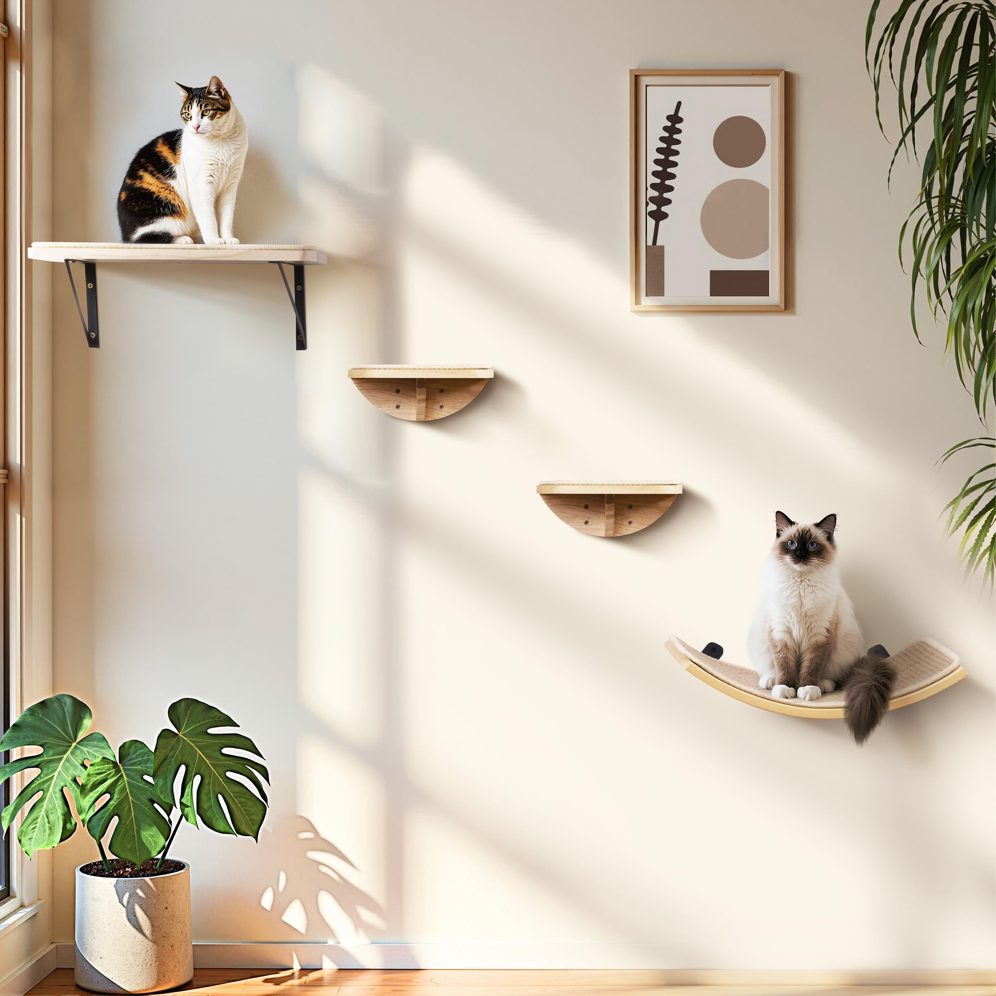 PELUOMOZ wood cat wall shelf lounge-ready pose on a sisal mat for comfort