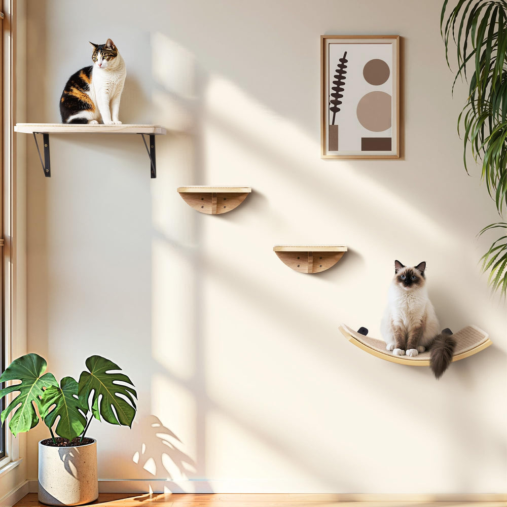 PELUOMOZ wood cat wall shelf lounge-ready pose on a sisal mat for comfort