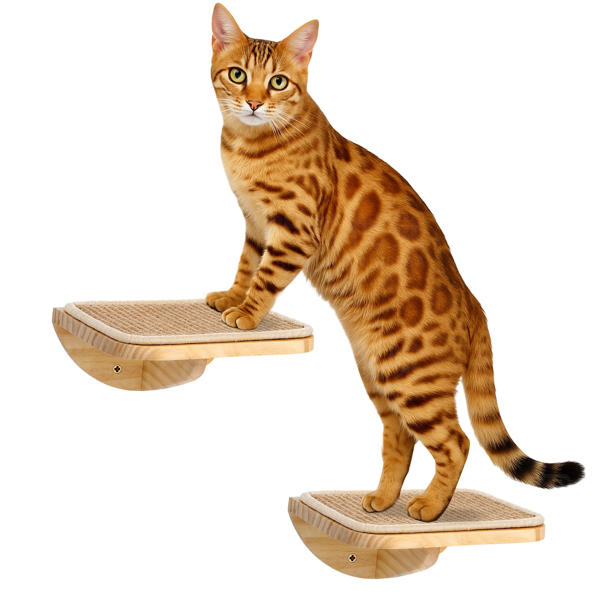 PELUOMOZ wood cat wall shelf square left with sisal mat for climbing and scratching