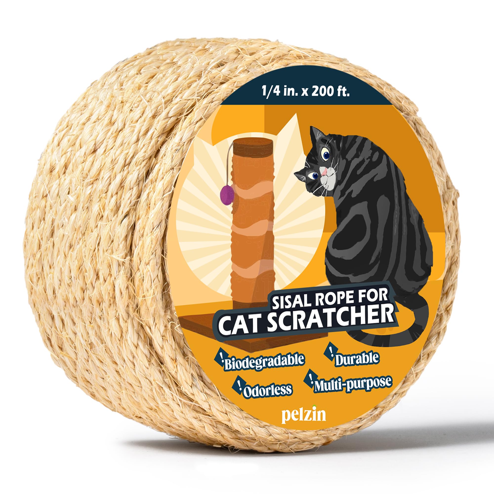 Pelzin sisal rope for cat scratcher post, 1/4 inch by 200 ft, durable and natural