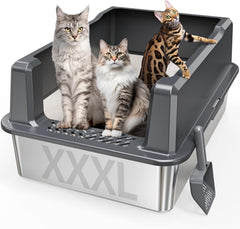 Pematar extra-large XXL stainless steel litter box with lid for easy containment.