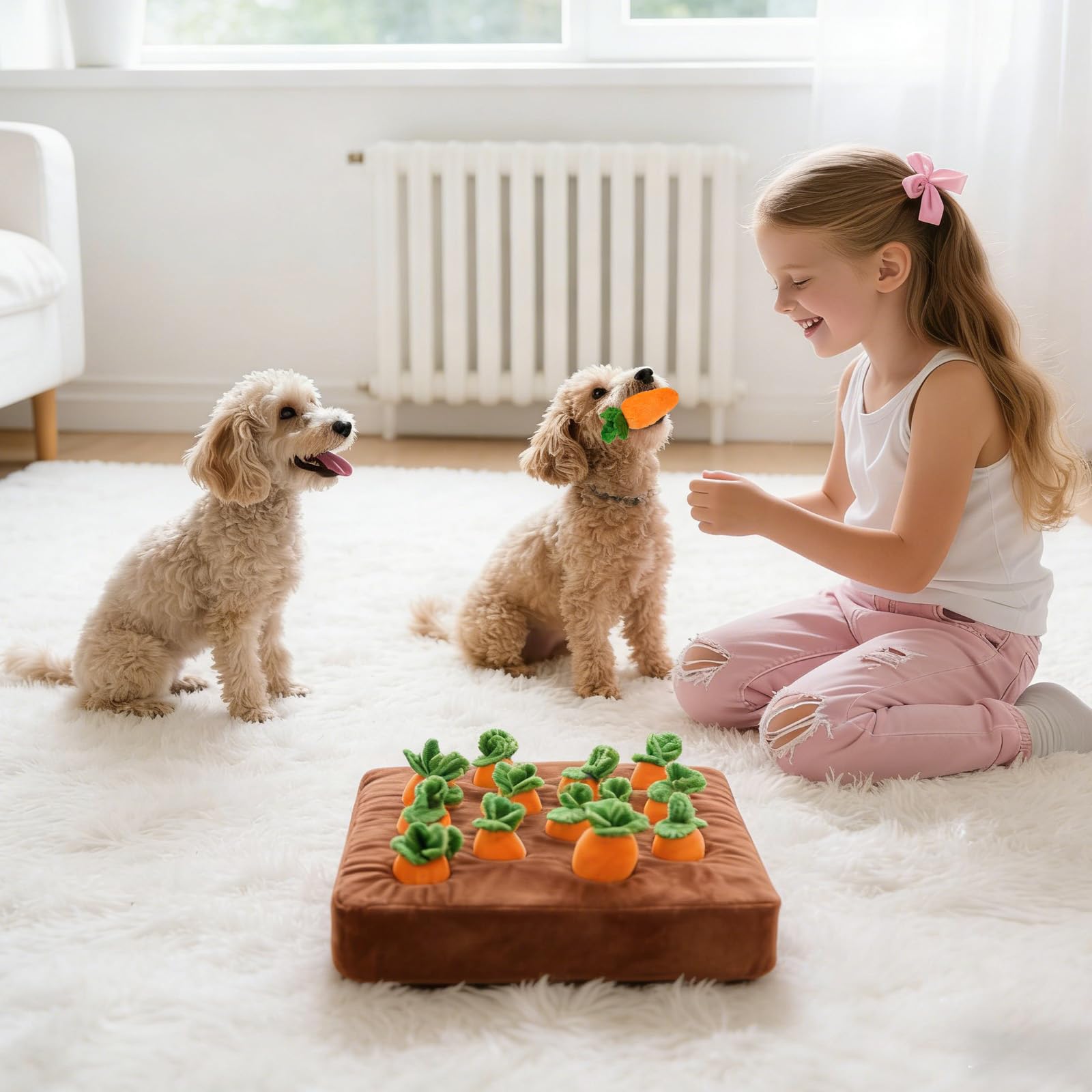 Penitue carrot toy holes reveal treats, inviting playful foraging sessions.