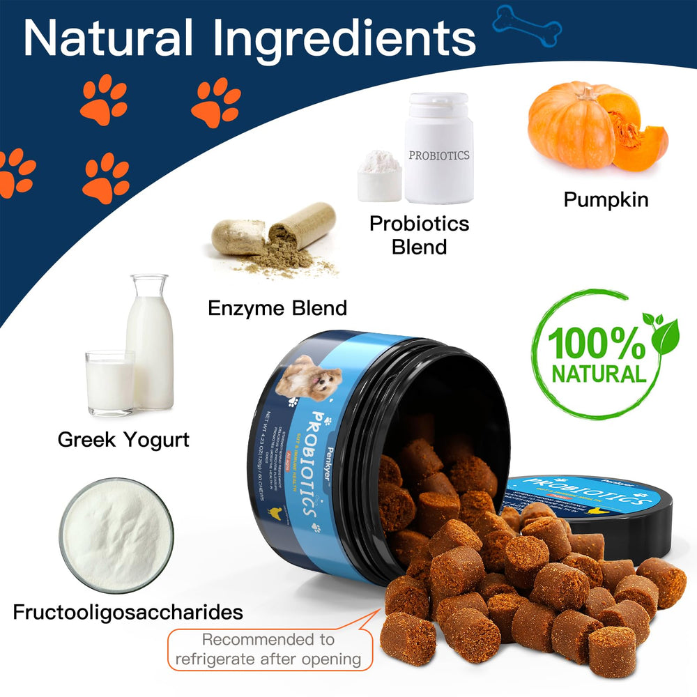 Penkyer daily probiotic chews package shows convenient shelf stable treat for dogs