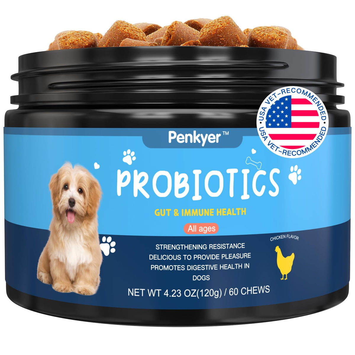 Penkyer dog probiotics 6B CFU bottle promotes gut health and digestion