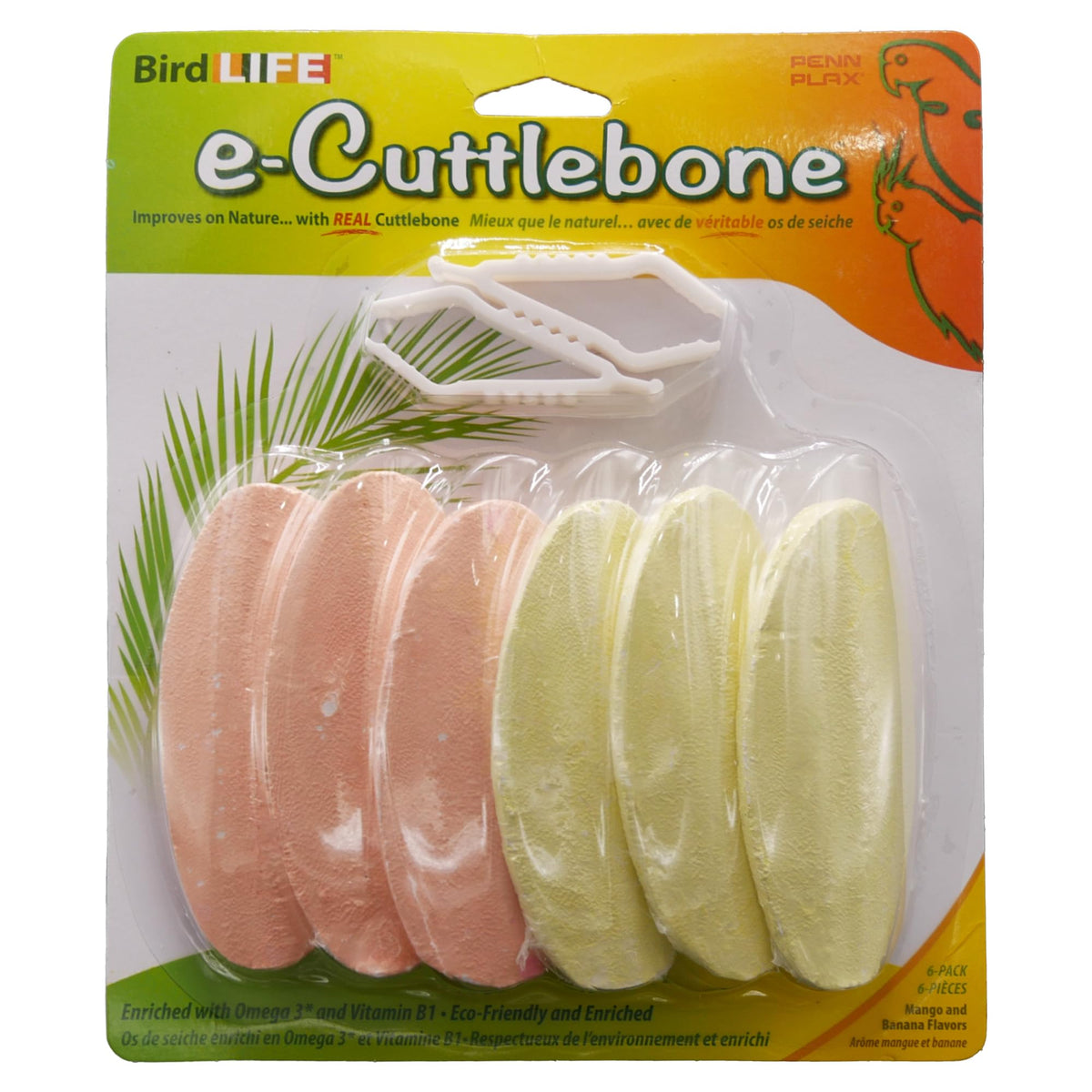 PENN-PLAX Bird-Life flavored E-Cuttlebone front view with clip, supports beak health and enrichment.