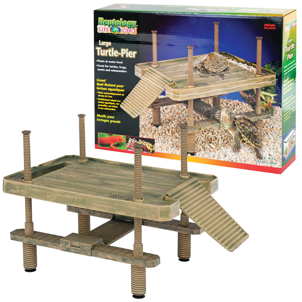 Penn-Plax Reptology Floating Turtle Pier over water for enhanced rest and viewing