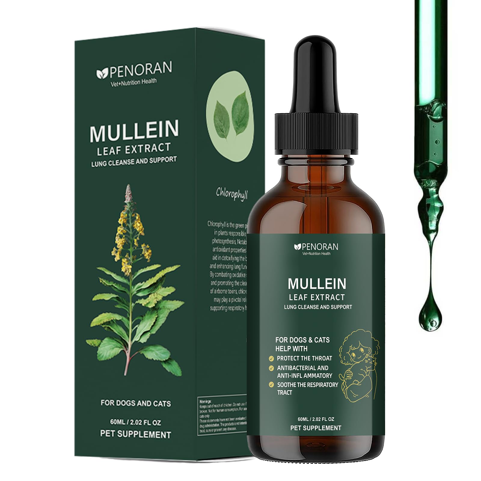 Penoran mullein lung drops bottle for pets; natural lung support potential.