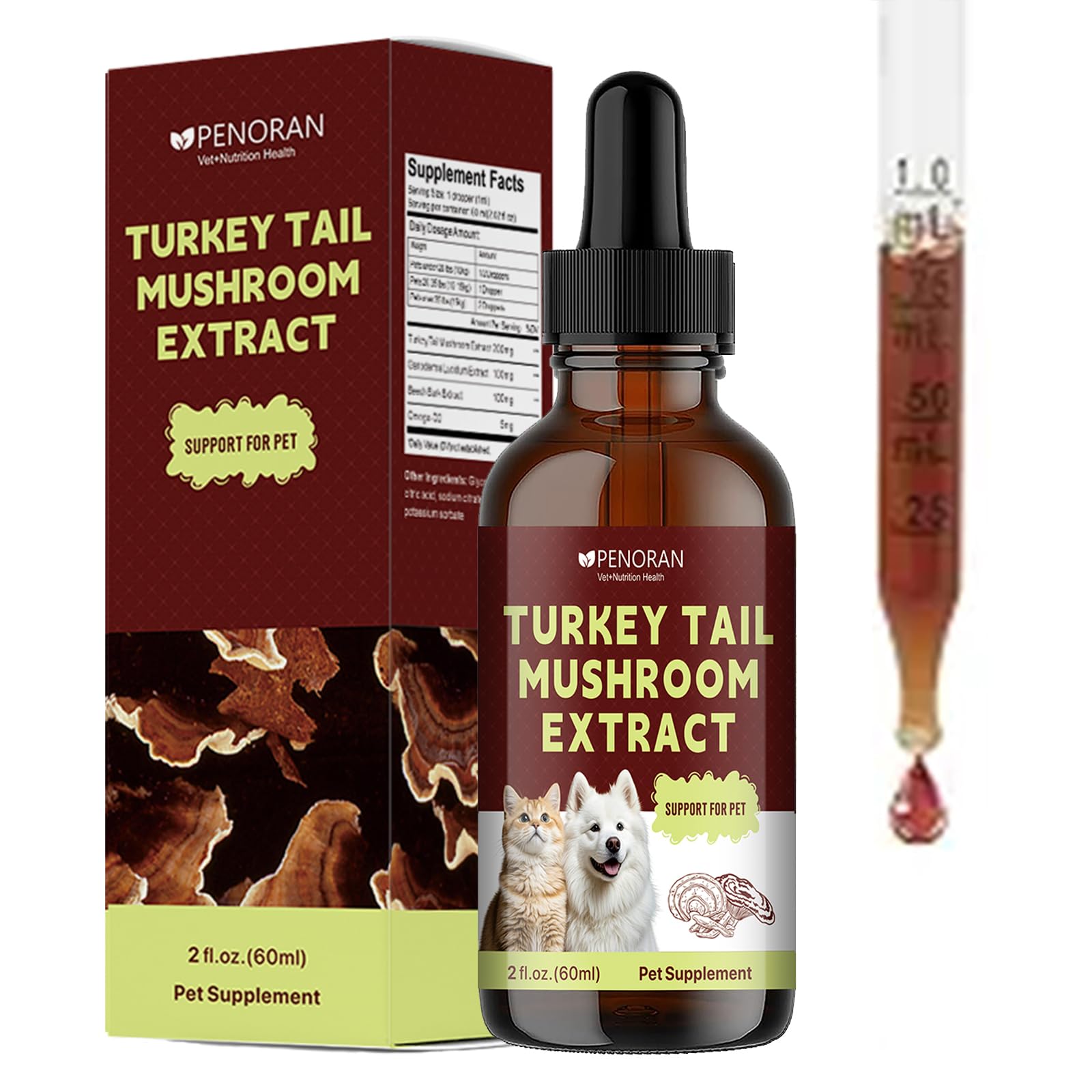 Penoran Turkey Tail Drops bottle with easy daily dosing for pet health support