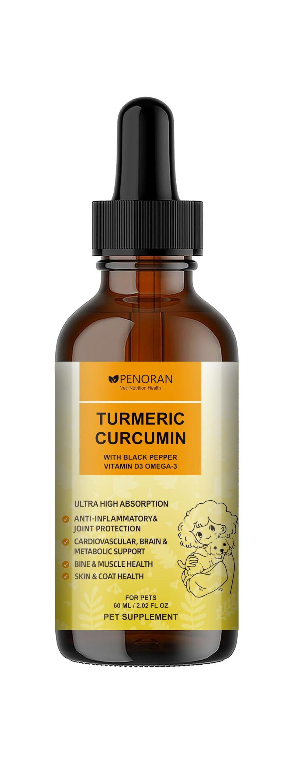 Penoran Turmeric Curcumin Drops bottle showing coat shine potential.