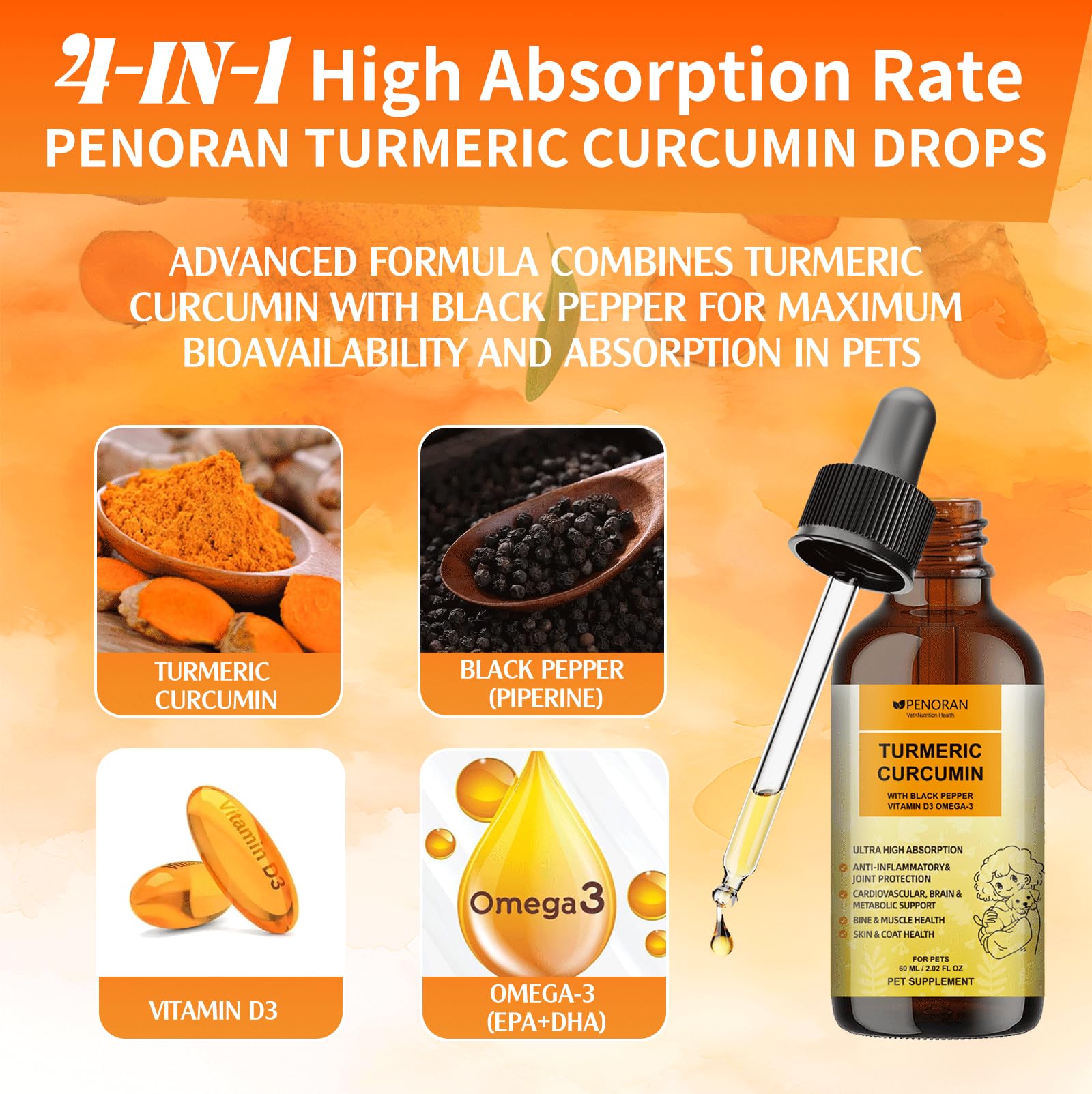 Penoran Turmeric Curcumin Drops with a dog eating, highlighting palatability.