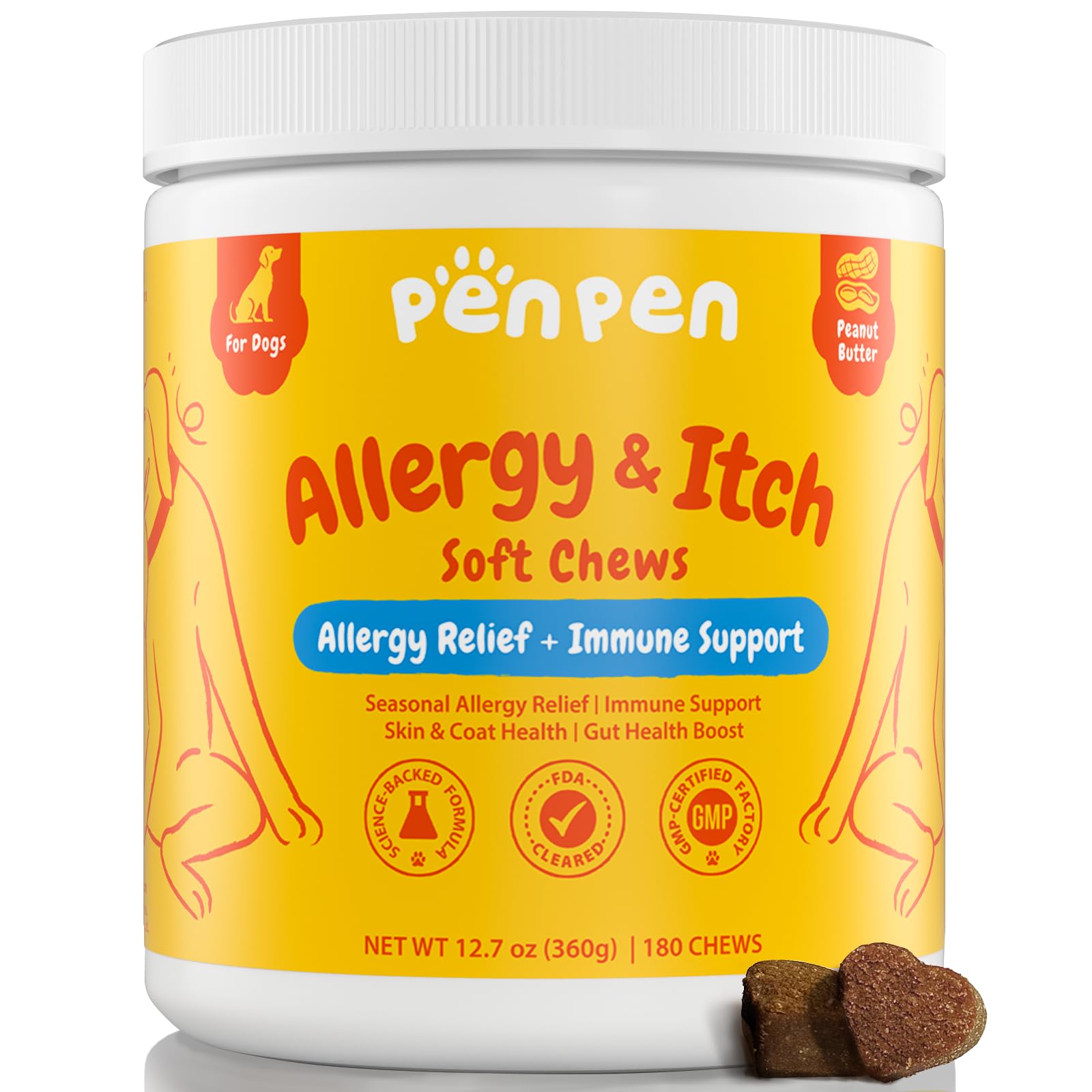 PENPEN dog allergy relief chews bottle shows easy daily dosing for seasonal itch support.