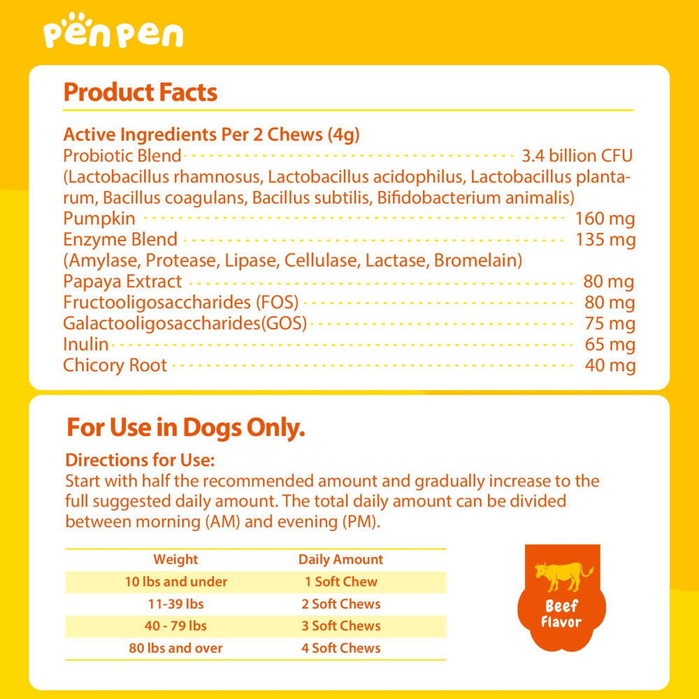 PENPEN Probiotics dogs packaging emblem, convenient soft chew format.