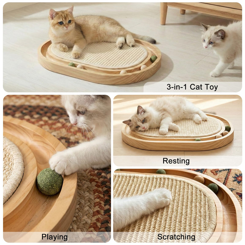 Peoviue Sisal Cat Scratcher Side View shows sturdy wooden base with non-slip pads for steady play.