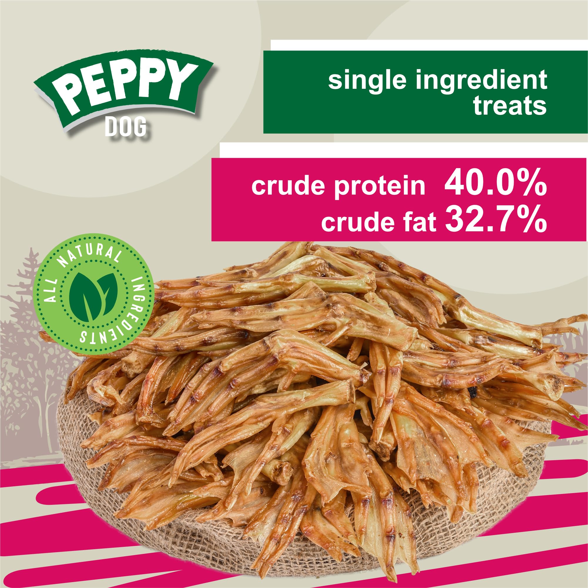 PEPPY DOG 50-pcs duck feet treats display for value and portion control.