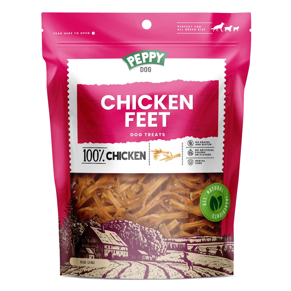 Peppy Dog all natural chicken feet treats in a bag, ready for long-lasting chewy rewards.