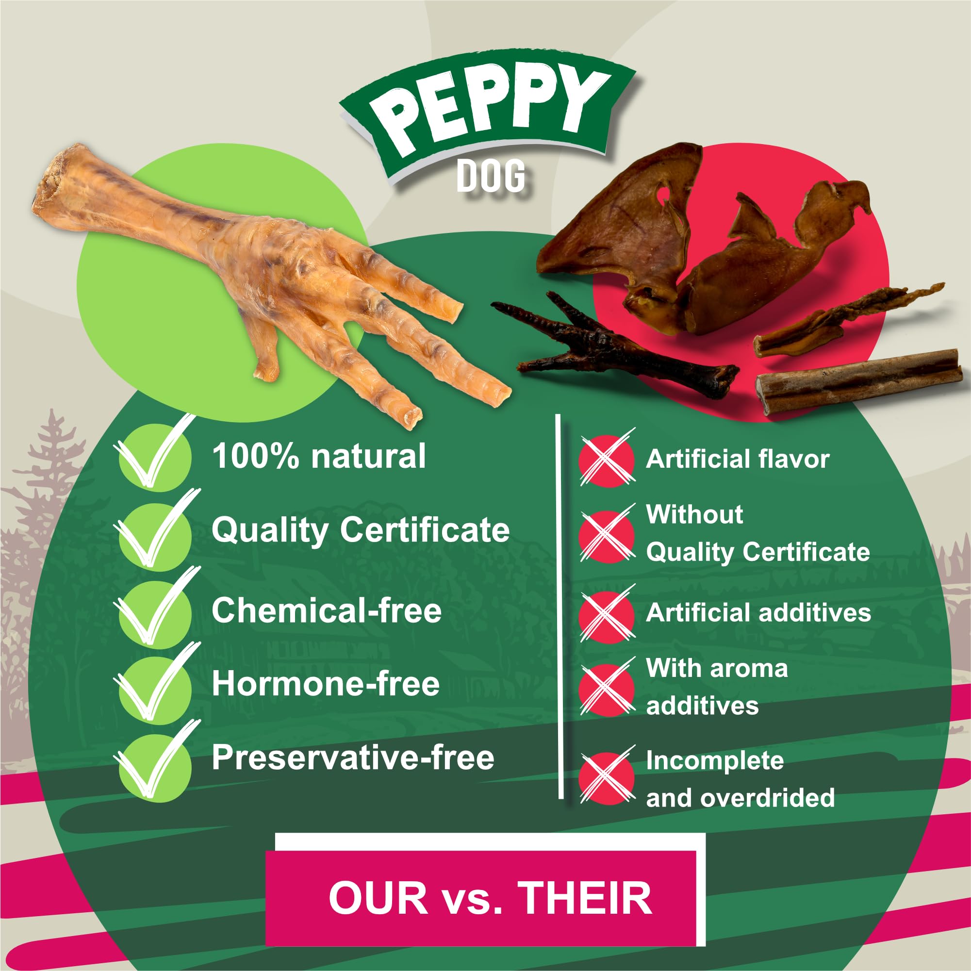 Crunchy texture of Peppy Dog chicken feet ideal for dental hygiene routines.