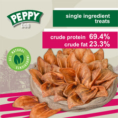 Peppy Dog dog chewing pig ears; long-lasting chew experience.