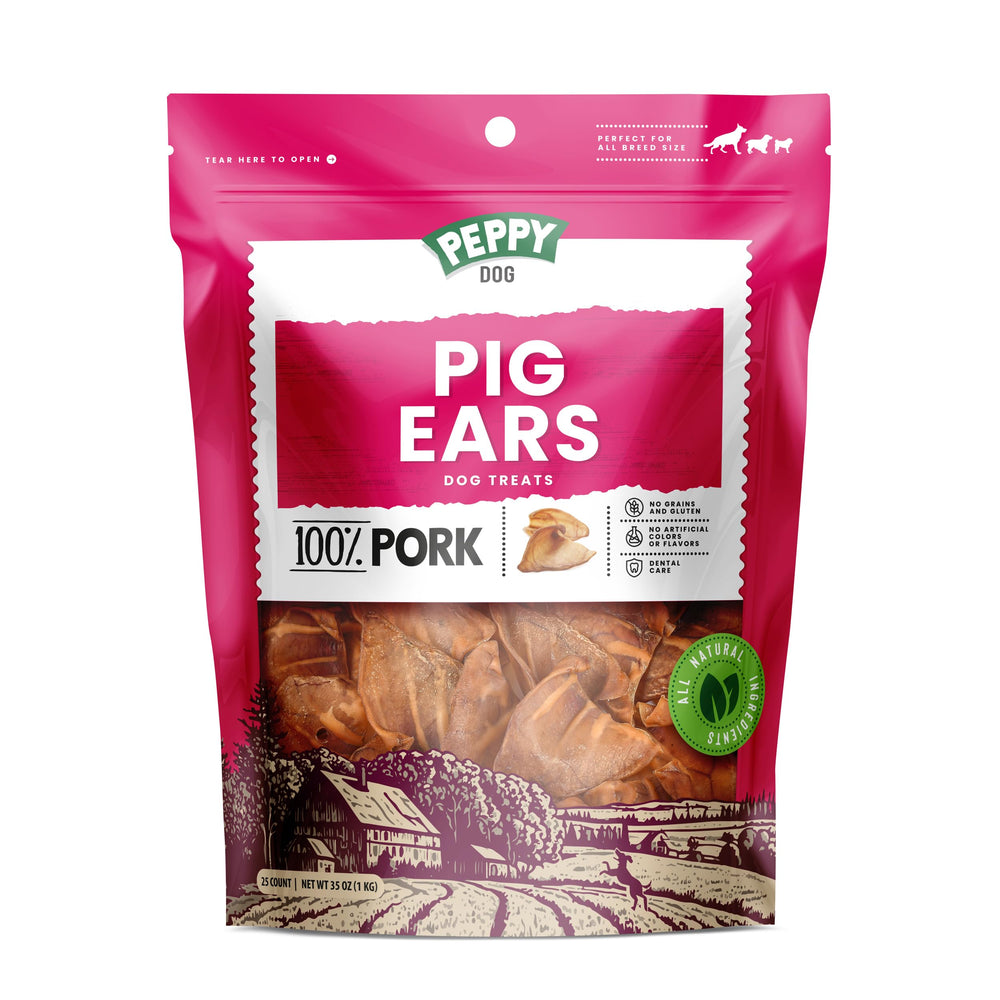 Peppy Dog full pig ears 25-count package front; natural dog treat.