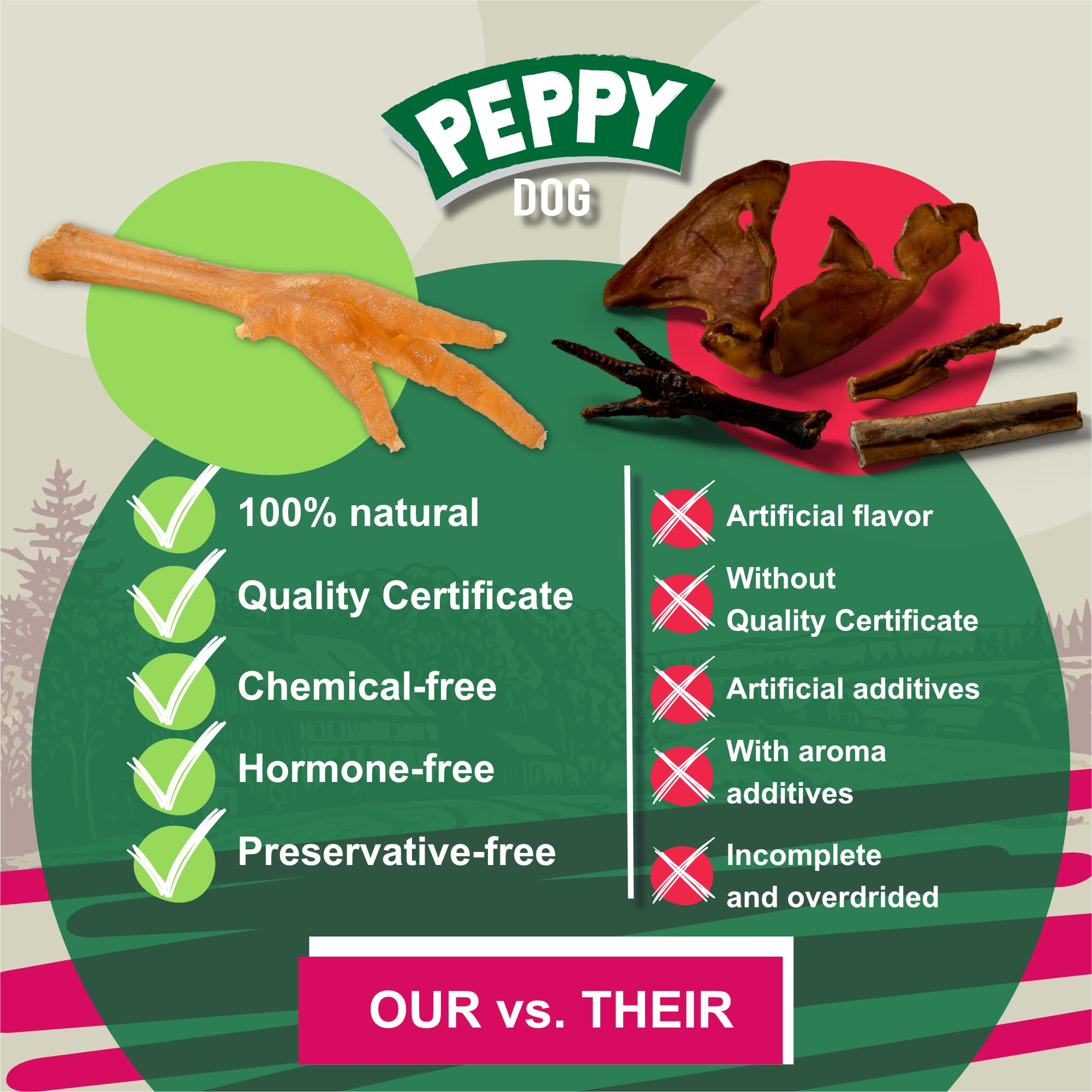 Dehydrated chicken feet retain nutrients and robust flavor.