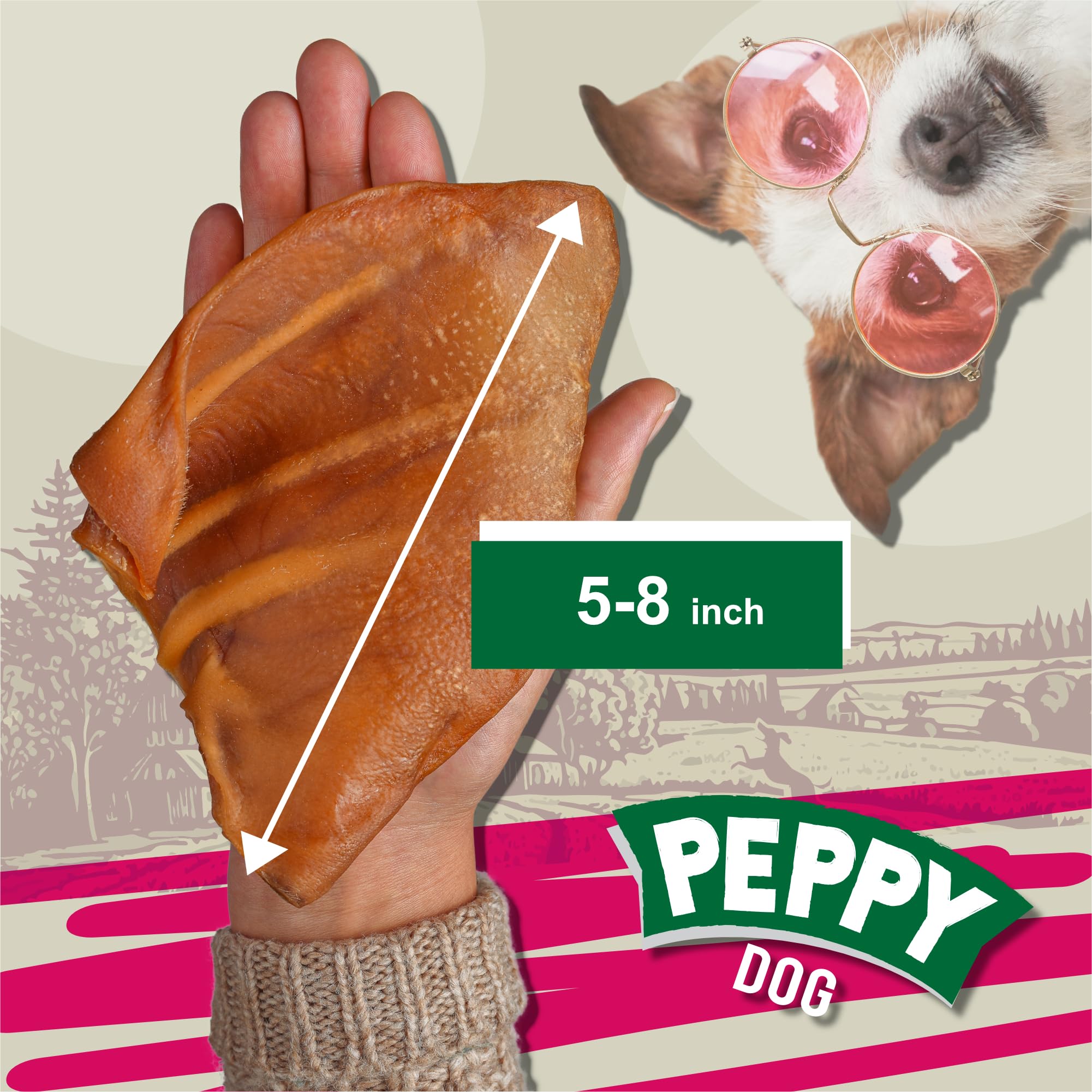 Peppy Dog pig ears close-up texture; soft chew for digestion.