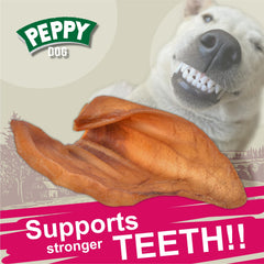 Peppy Dog pig ears packaging with nutrition label; single-ingredient treat.