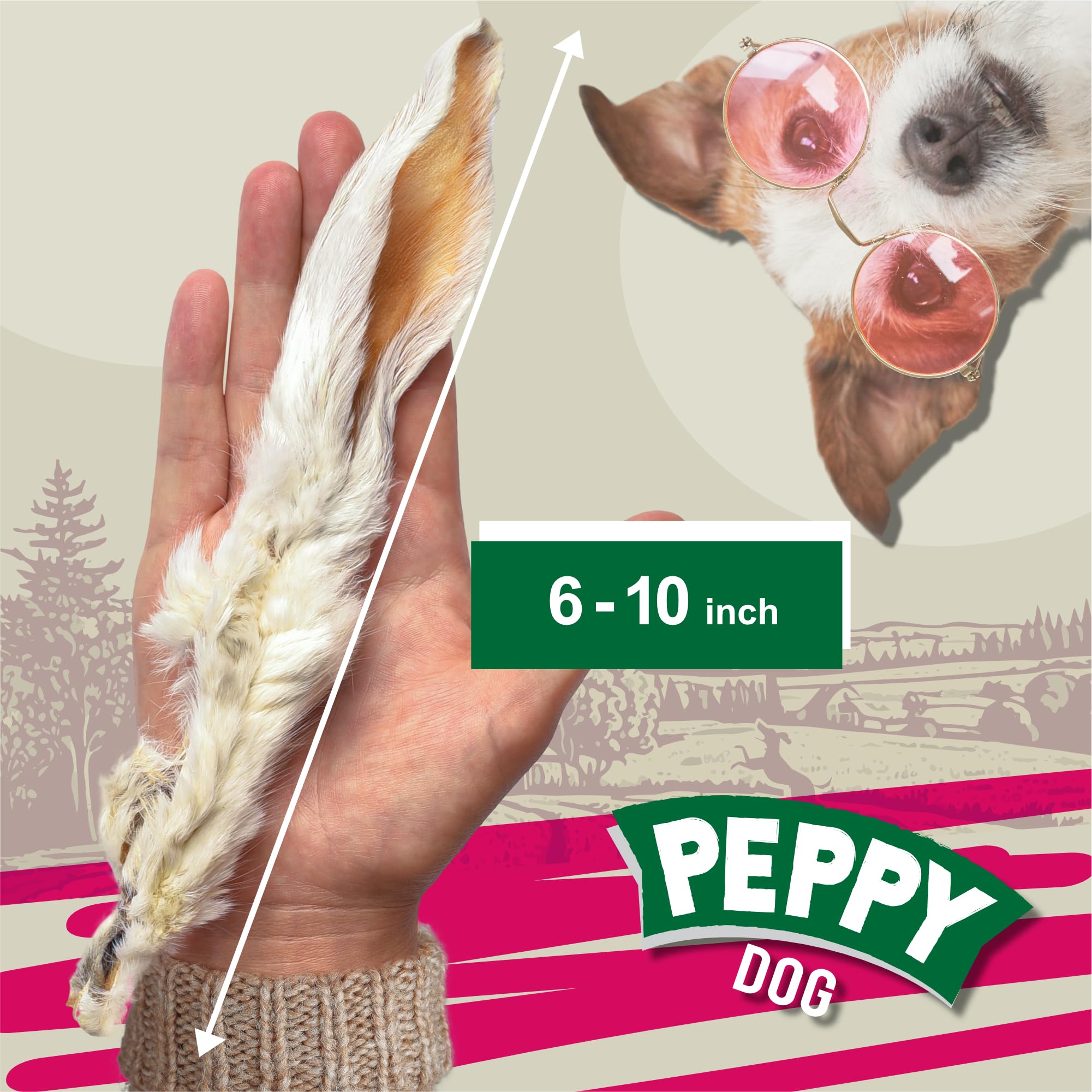 Peppy Dog rabbit ears with fur close up texture; chewy treat detail