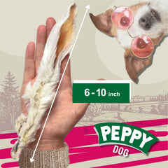 Peppy Dog rabbit ears with fur close up texture; chewy treat detail