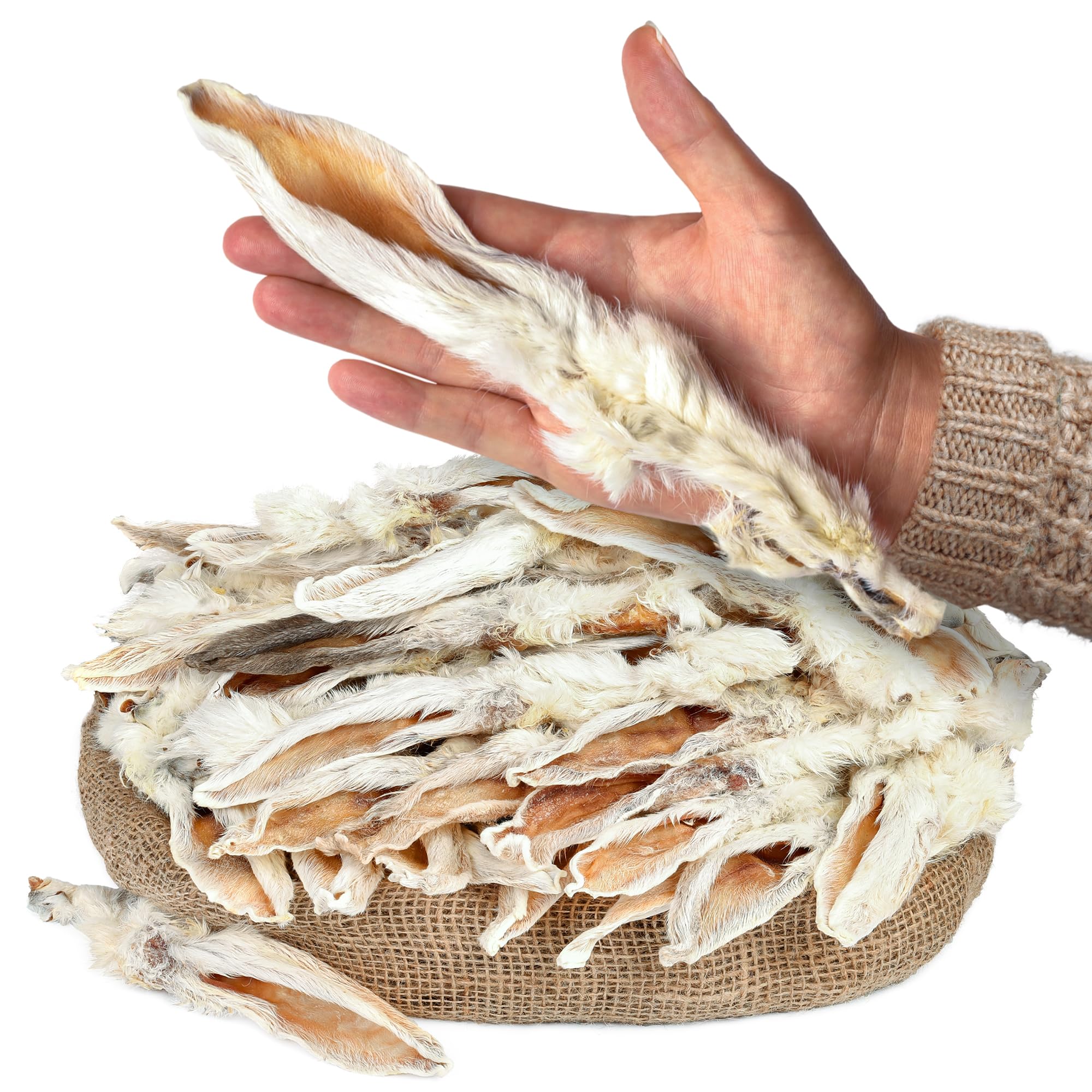 Peppy Dog rabbit ears with fur pack front; natural chew for dogs