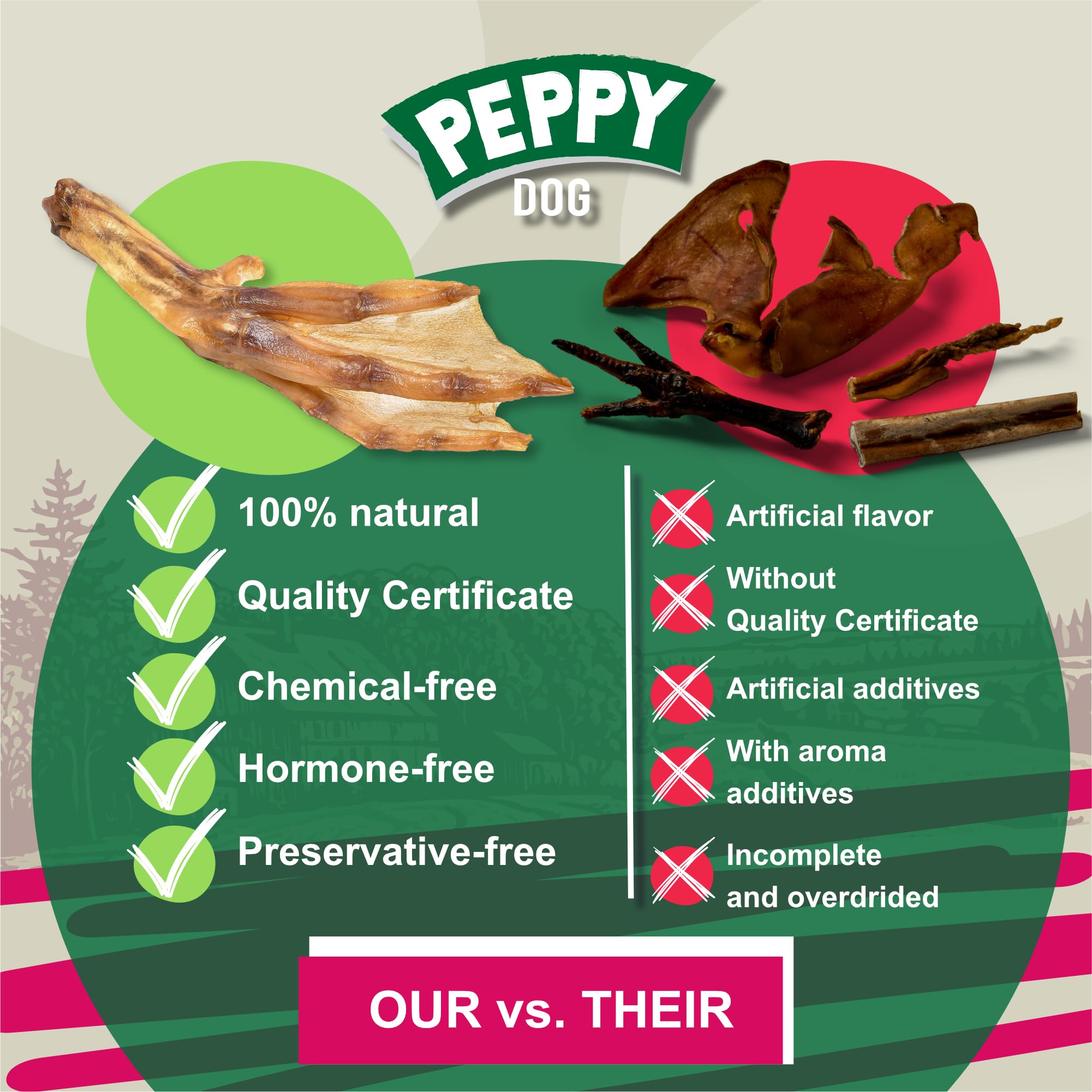 PEPPY DOG dental-health crunch emphasizes potential for cleaner teeth through regular chewing.