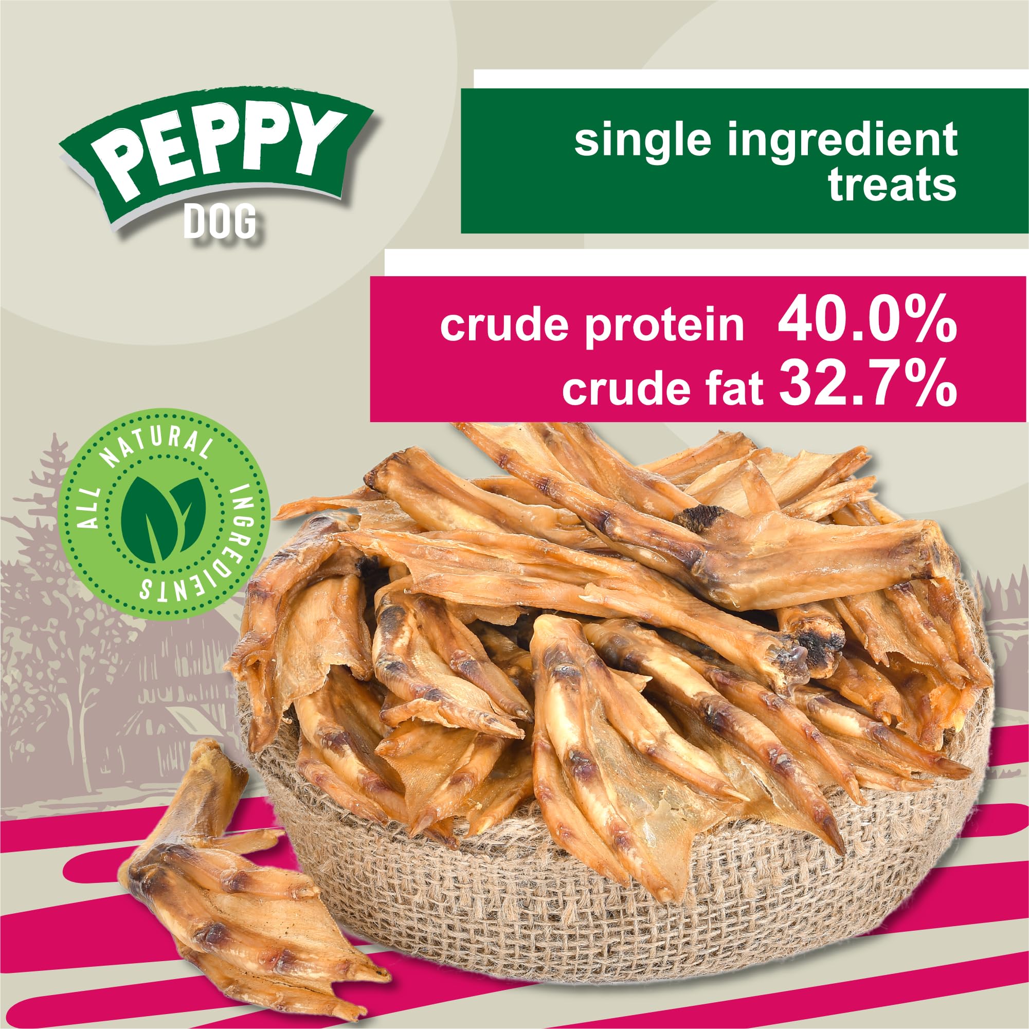PEPPY DOG duck feet treats in bowl suggest wholesome dehydrated chew for daily dental care.