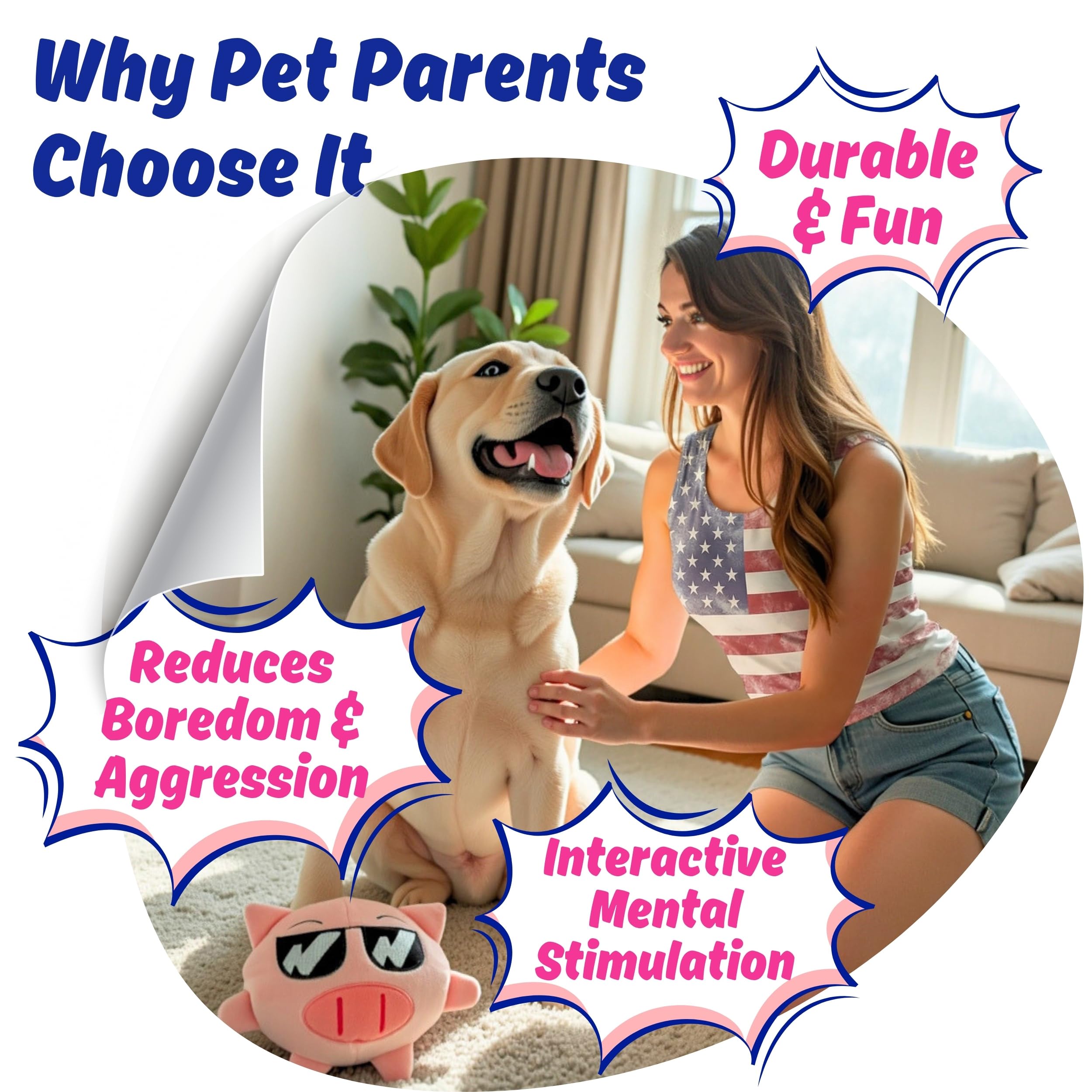 PeppyPawz Piggy Pal stuffing-free plush endures heavy chewers and rough play.