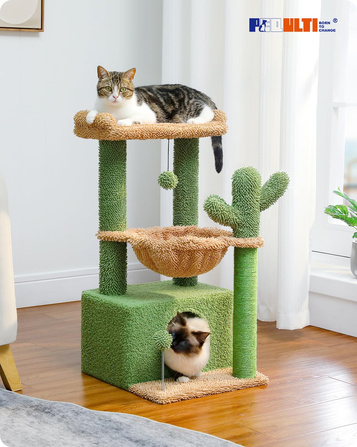 PEQULTI 4-in-1 cactus cat tree large-condo provides a roomy resting space.