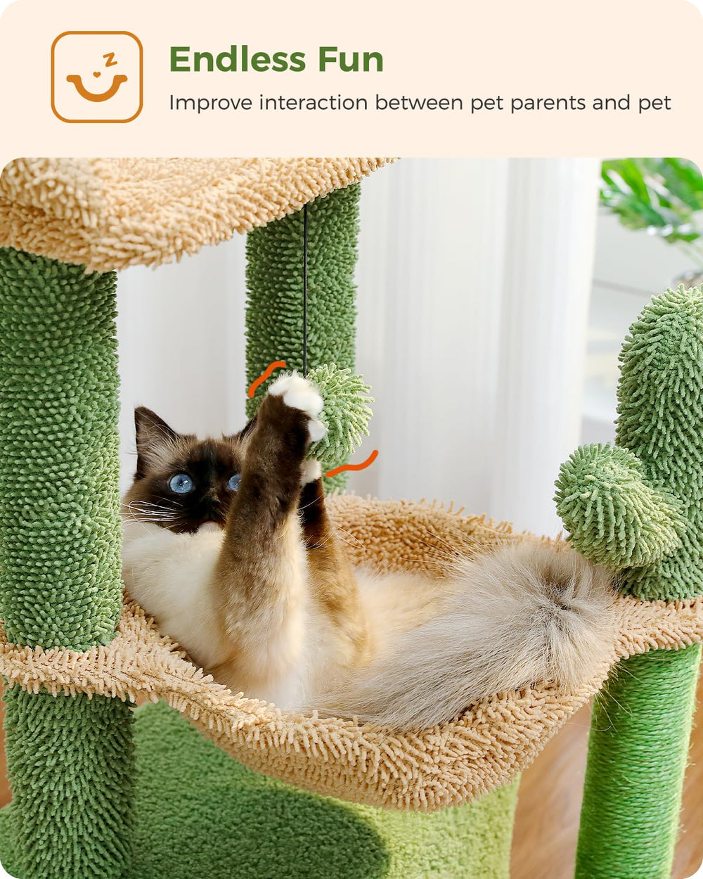 PEQULTI cactus-cat-tree-green-finish blends with home-decor.