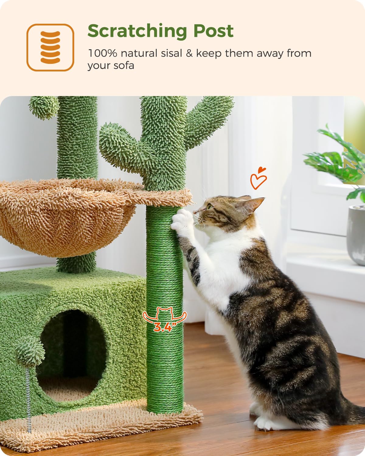 PEQULTI cactus cat tree sisal-scratching-post protects furniture and entertains cats.
