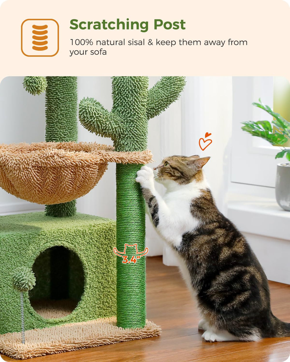 PEQULTI cactus cat tree sisal-scratching-post protects furniture and entertains cats.