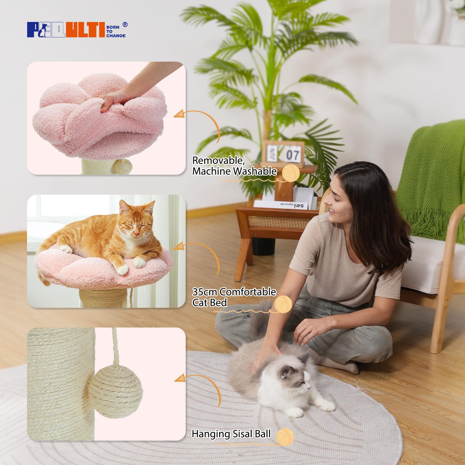 PEQULTI Cat tree features easy assembly with included tools.