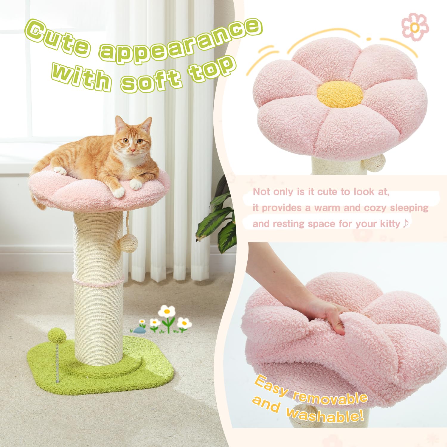 PEQULTI Pink flower design adds playfulness while supporting healthy scratching.